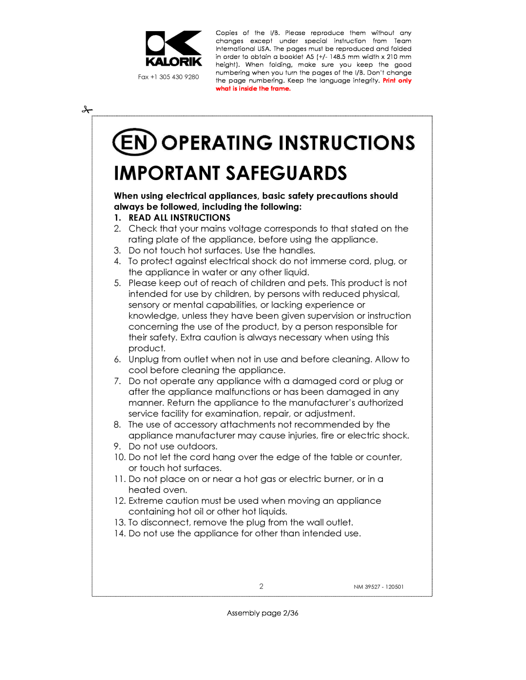 Kalorik NM 39527 manual Important Safeguards, Read All Instructions 