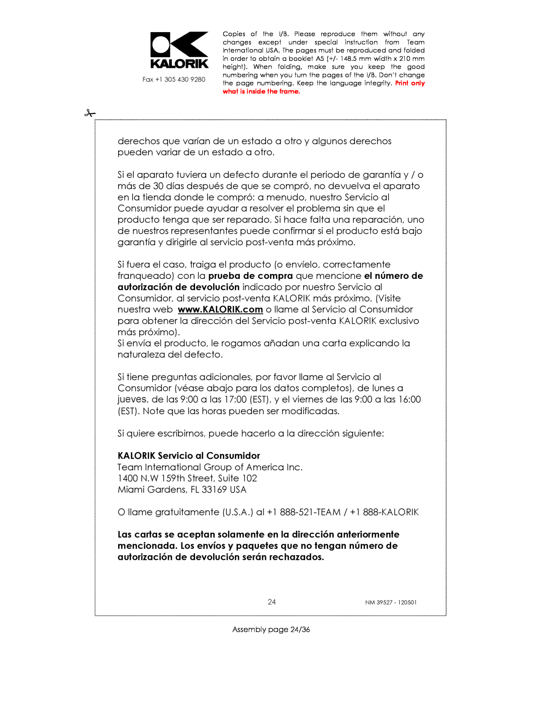 Kalorik NM 39527 manual KALORIK Servicio al Consumidor, Assembly page 24/36 