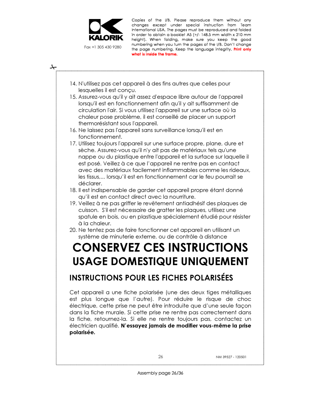 Kalorik NM 39527 manual Conservez Ces Instructions, Instructions Pour Les Fiches Polarisées, Usage Domestique Uniquement 