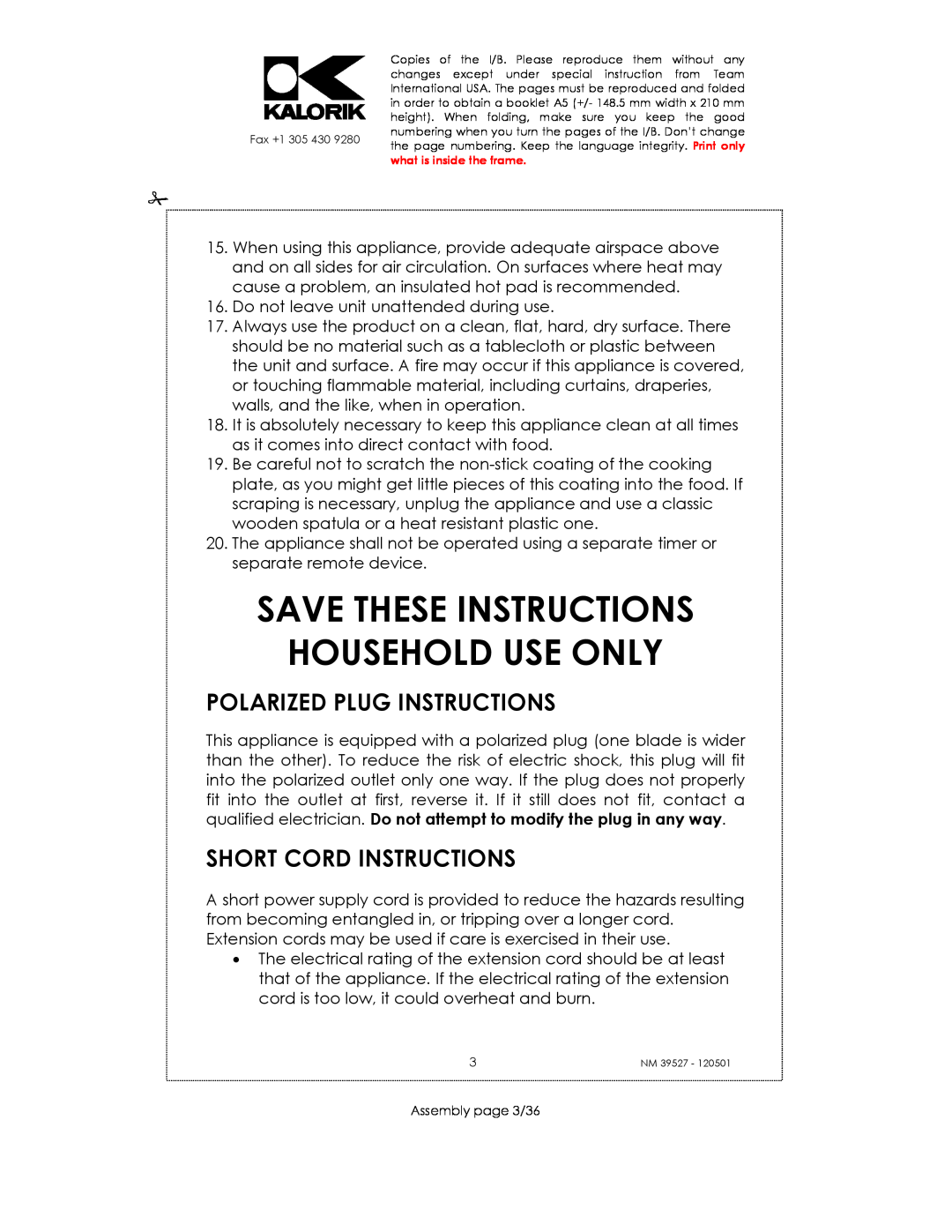 Kalorik NM 39527 manual Save These Instructions Household Use Only, Polarized Plug Instructions, Short Cord Instructions 