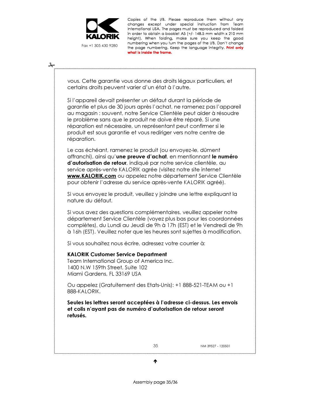 Kalorik NM 39527 manual KALORIK Customer Service Department, Assembly page 35/36 