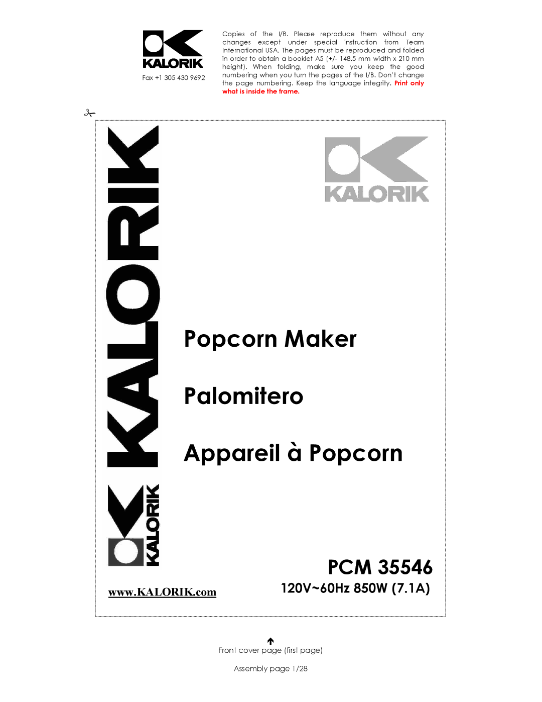 Kalorik PCM 35546 manual Popcorn Maker Palomitero Appareil à Popcorn, Front cover page first Assembly page 1/28 