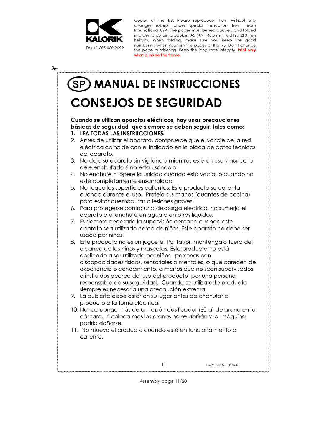 Kalorik PCM 35546 manual Consejos DE Seguridad, LEA Todas LAS Instrucciones, Assembly page 11/28 