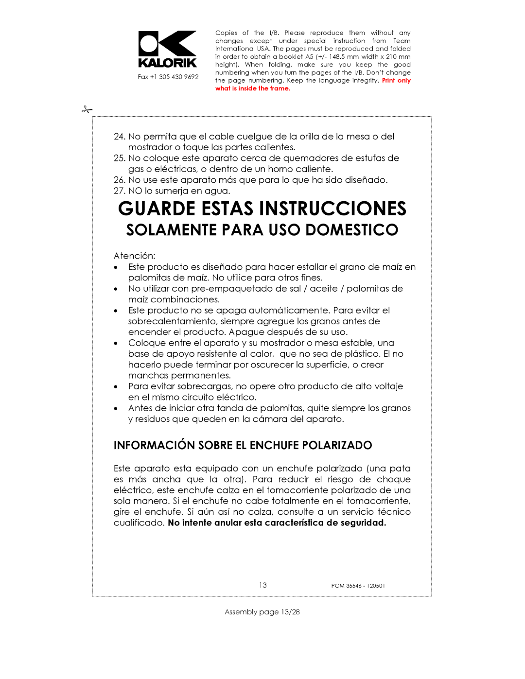 Kalorik PCM 35546 manual Guarde Estas Instrucciones, Información Sobre EL Enchufe Polarizado, Assembly page 13/28 