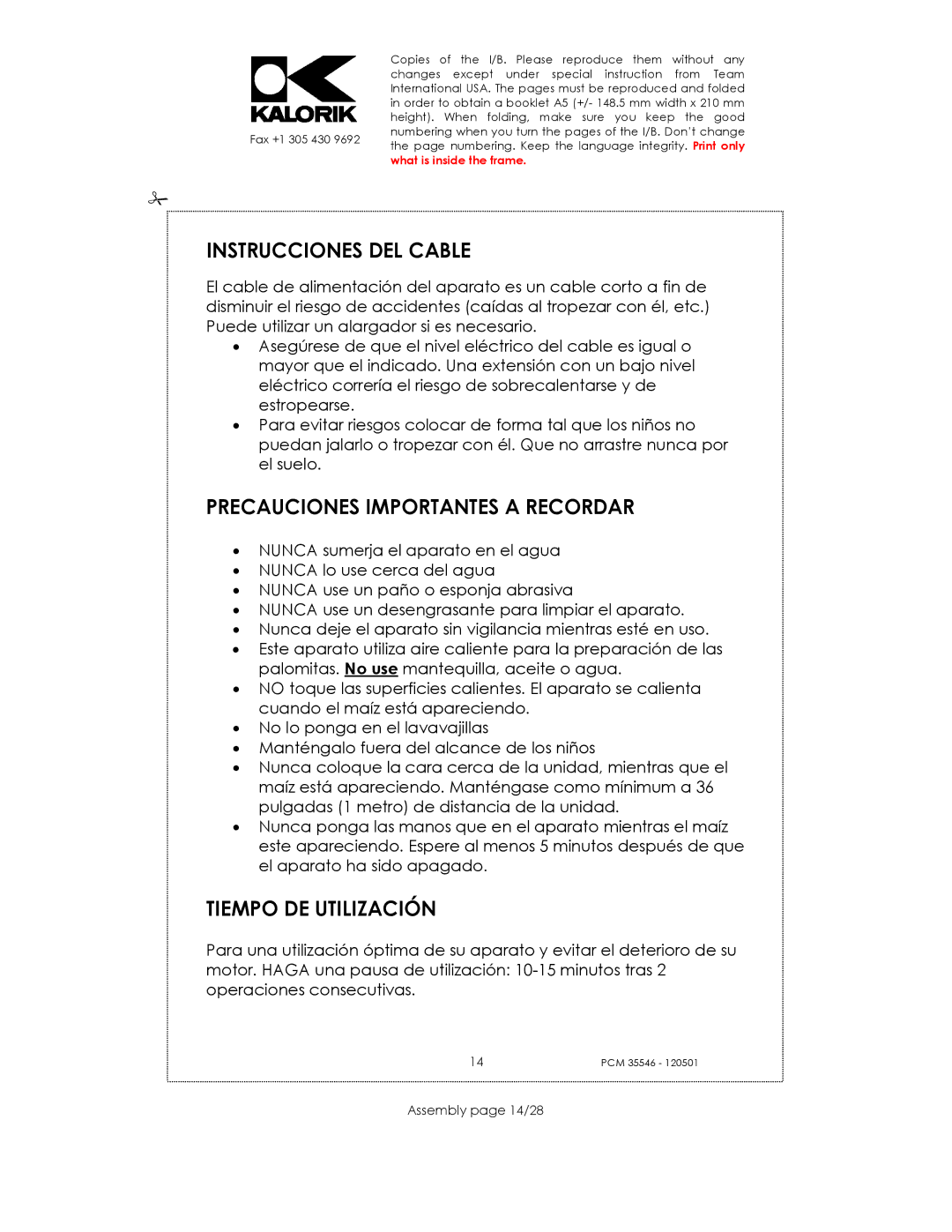 Kalorik PCM 35546 Instrucciones DEL Cable, Precauciones Importantes a Recordar, Tiempo DE Utilización, Assembly page 14/28 