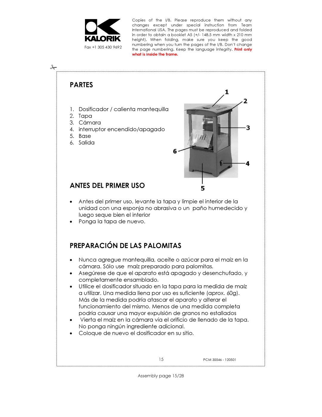 Kalorik PCM 35546 manual Partes, Antes DEL Primer USO, Preparación DE LAS Palomitas, Assembly page 15/28 