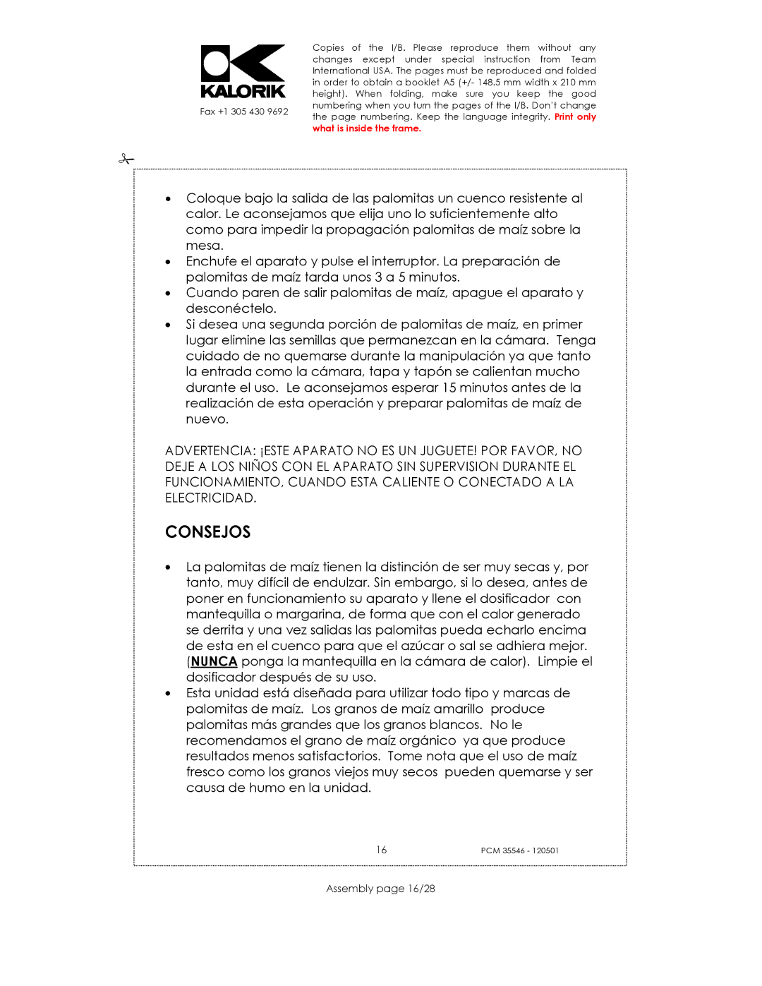 Kalorik PCM 35546 manual Consejos, Assembly page 16/28 