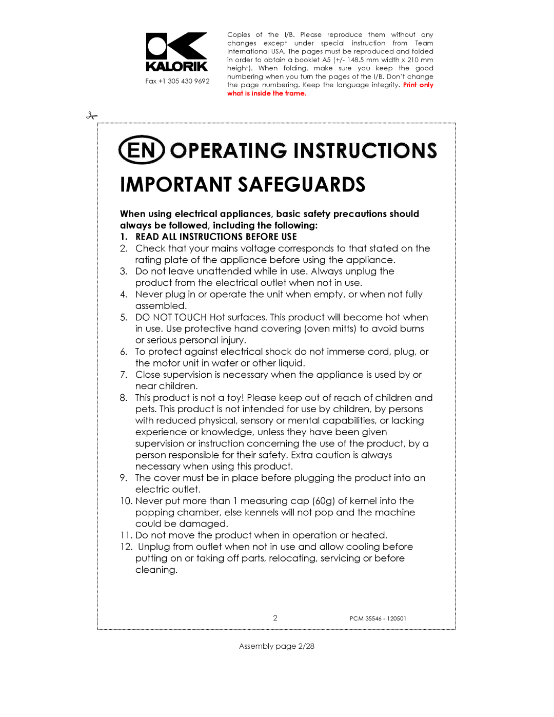 Kalorik PCM 35546 manual Important Safeguards, Read ALL Instructions Before USE, Assembly page 2/28 