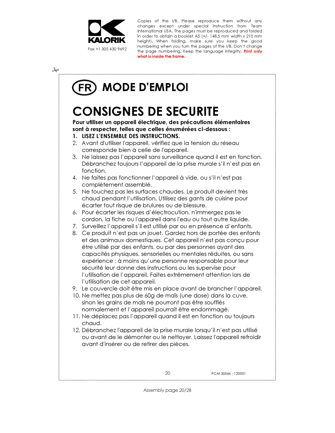 Kalorik PCM 35546 manual Consignes DE Securite, Lisez L’ENSEMBLE DES Instructions, Assembly page 20/28 