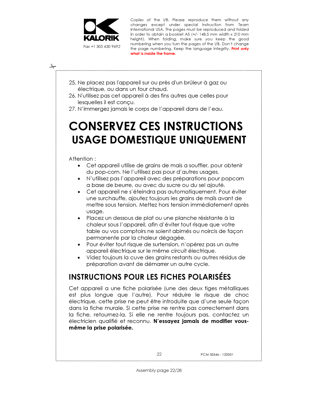 Kalorik PCM 35546 manual Conservez CES Instructions, Instructions Pour LES Fiches Polarisées, Assembly page 22/28 