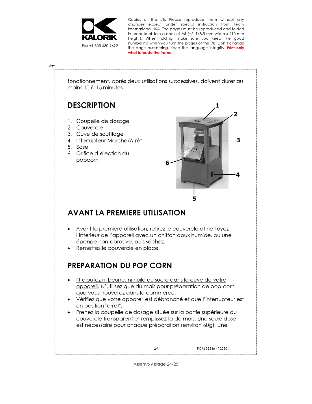 Kalorik PCM 35546 manual Description, Avant LA Premiere Utilisation, Preparation DU POP Corn, Assembly page 24/28 