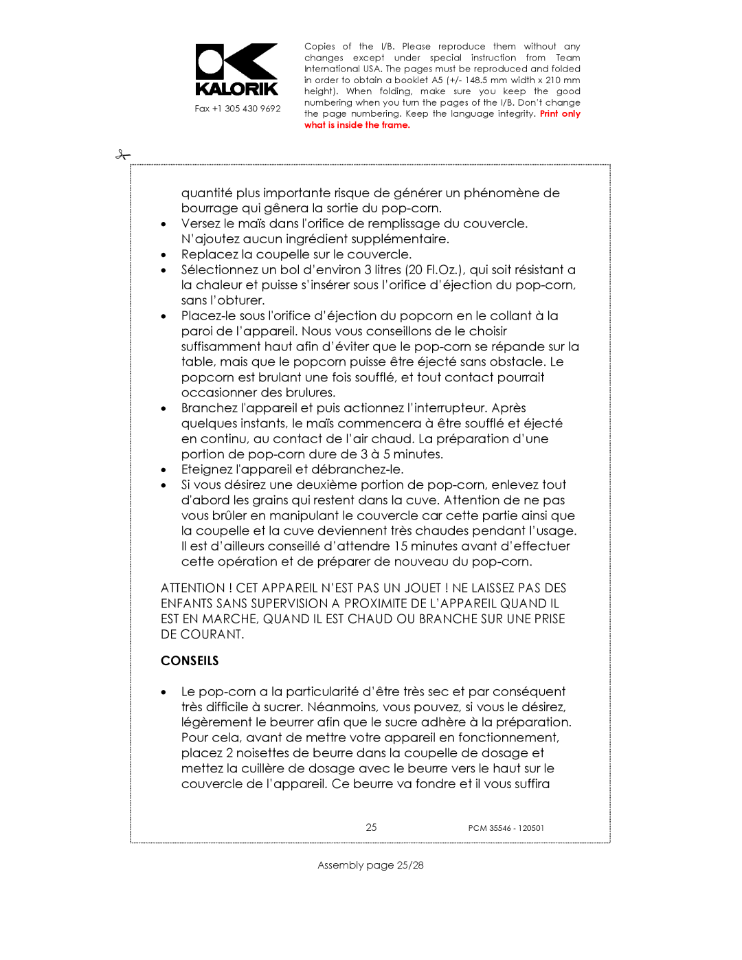 Kalorik PCM 35546 manual Conseils, Assembly page 25/28 