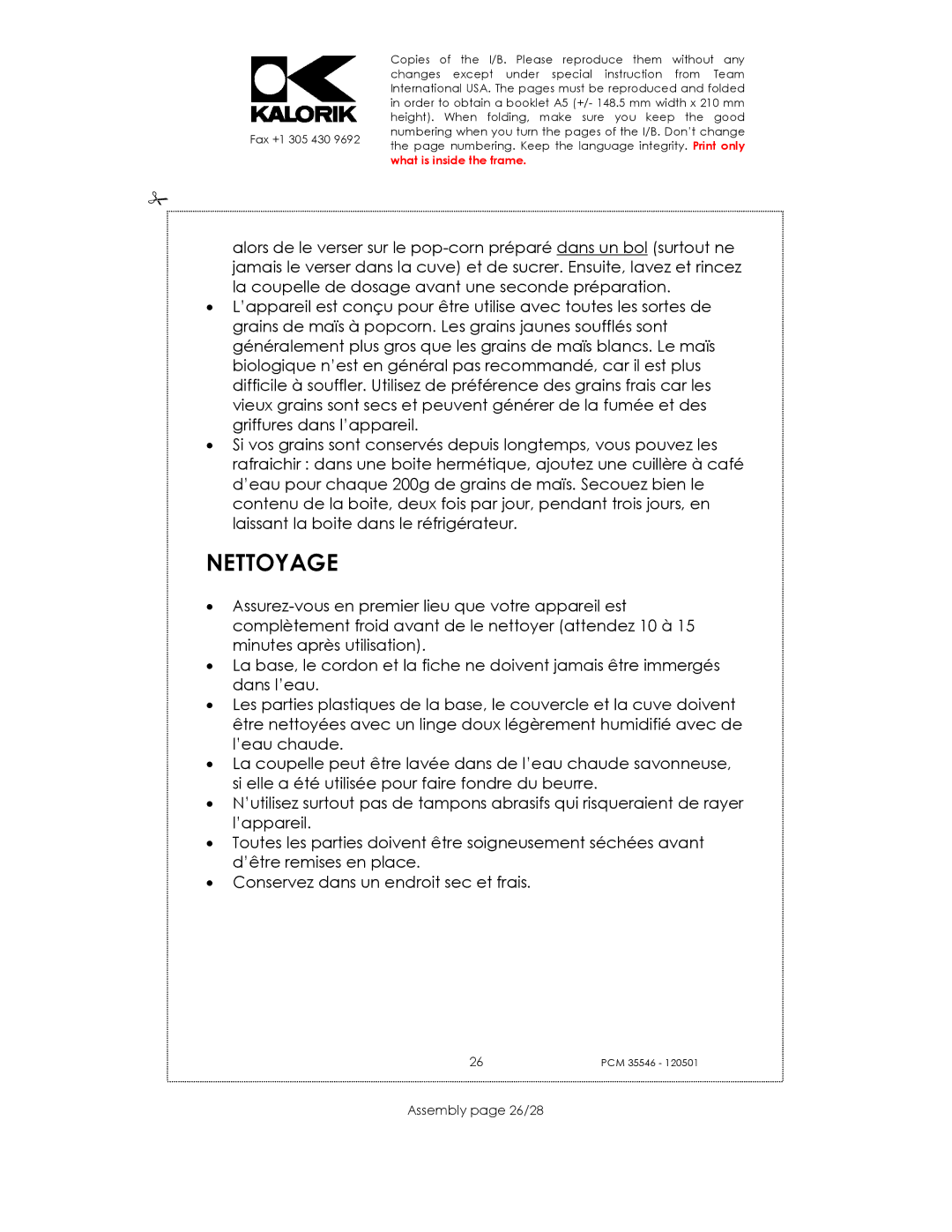 Kalorik PCM 35546 manual Nettoyage, Assembly page 26/28 