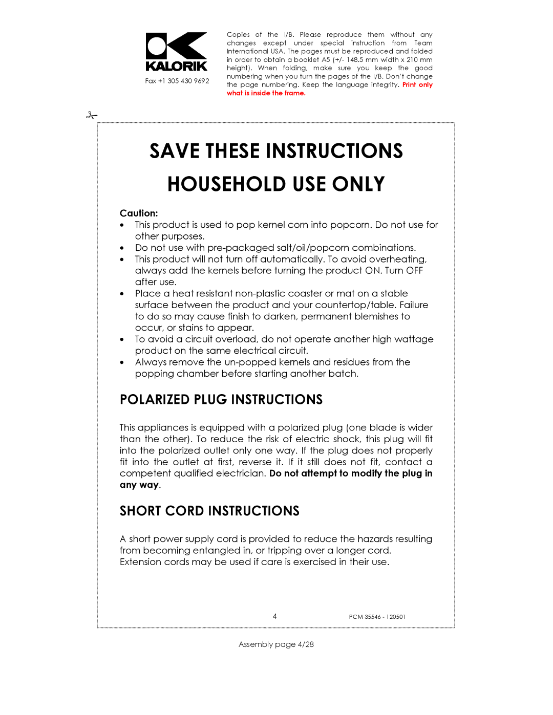 Kalorik PCM 35546 manual Household USE only, Polarized Plug Instructions, Short Cord Instructions, Assembly page 4/28 