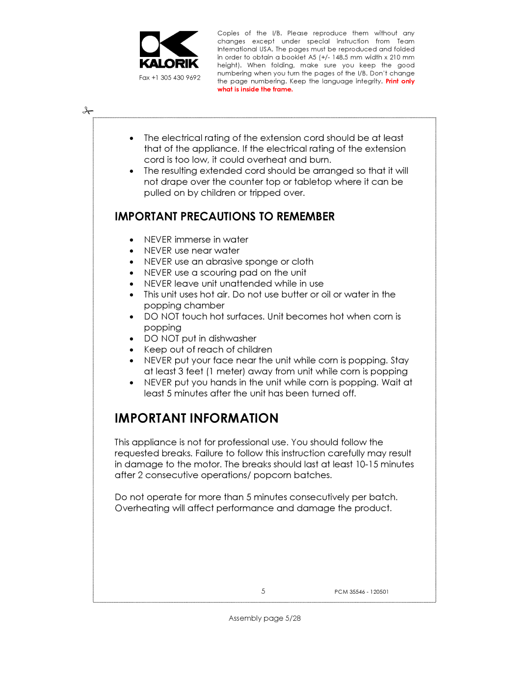 Kalorik PCM 35546 manual Important Information, Important Precautions to Remember, Assembly page 5/28 