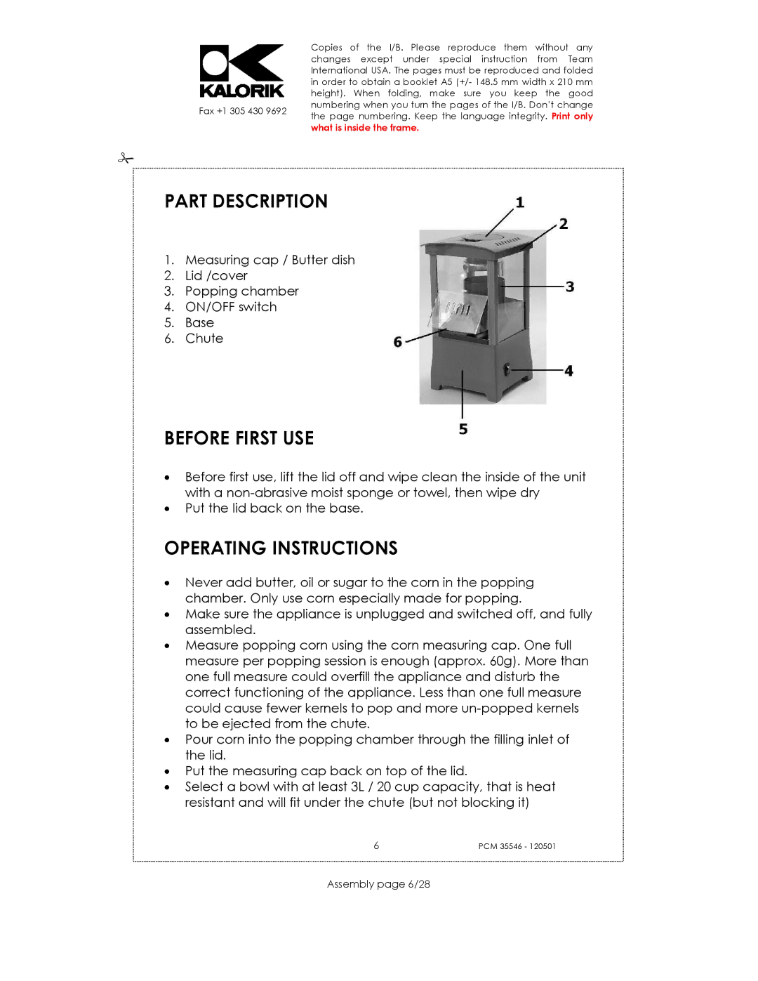 Kalorik PCM 35546 manual Part Description, Before First USE, Operating Instructions, Assembly page 6/28 