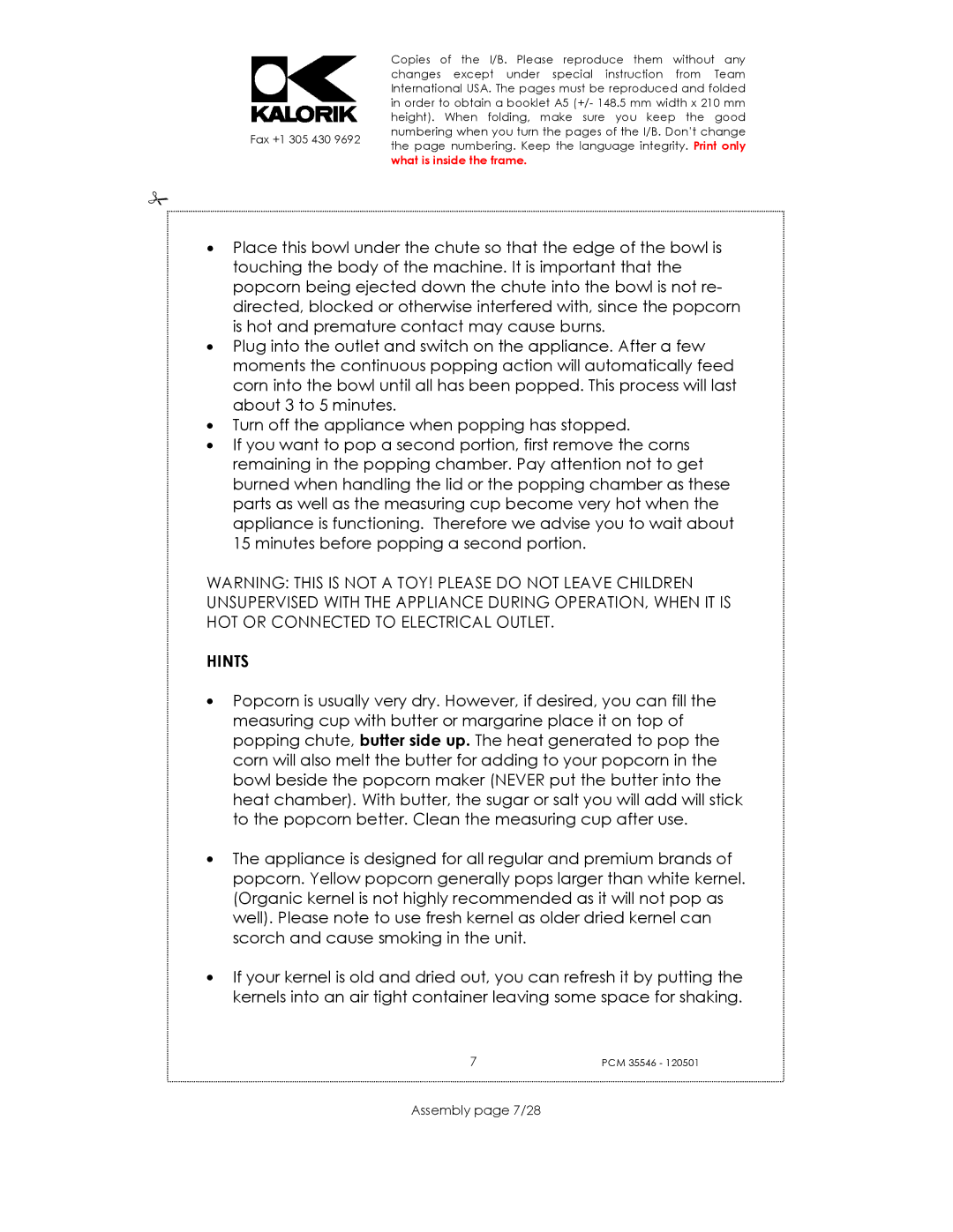 Kalorik PCM 35546 manual Hints, Assembly page 7/28 