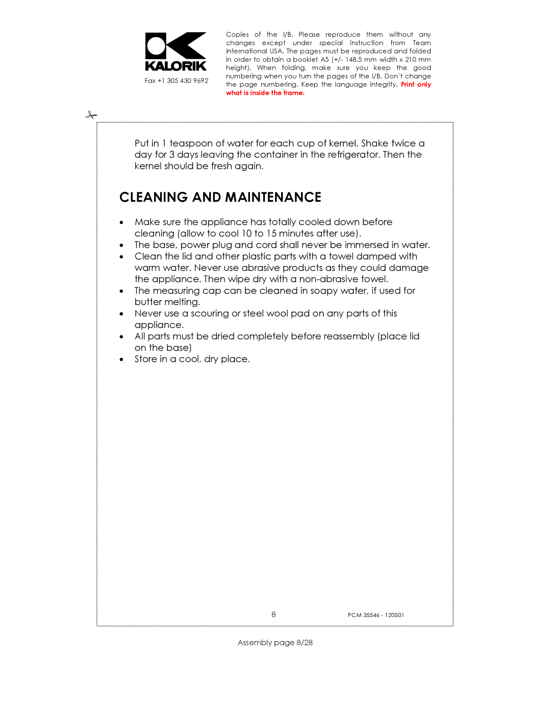 Kalorik PCM 35546 manual Cleaning and Maintenance, Assembly page 8/28 