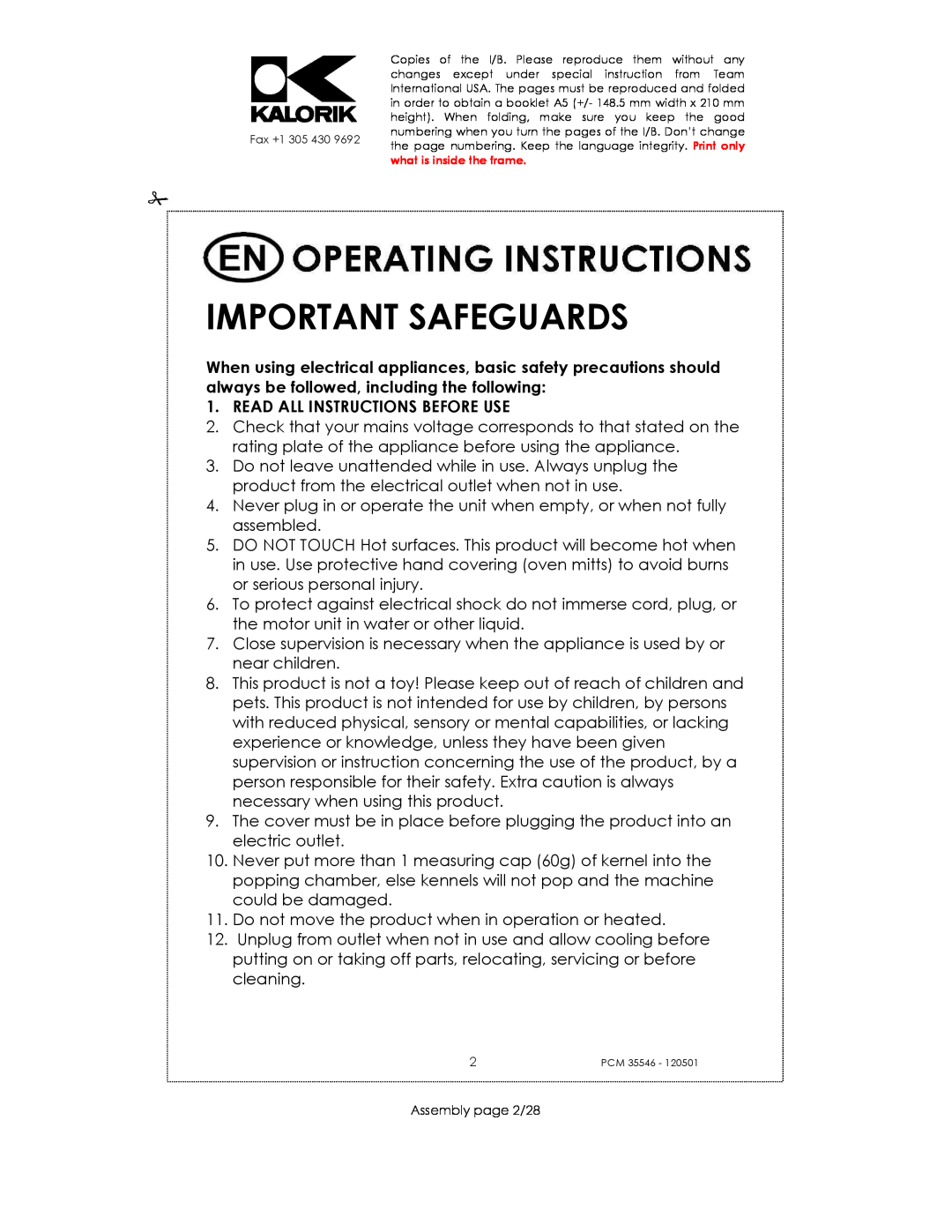 Kalorik PCM 35546 manual Important Safeguards, Read All Instructions Before Use 