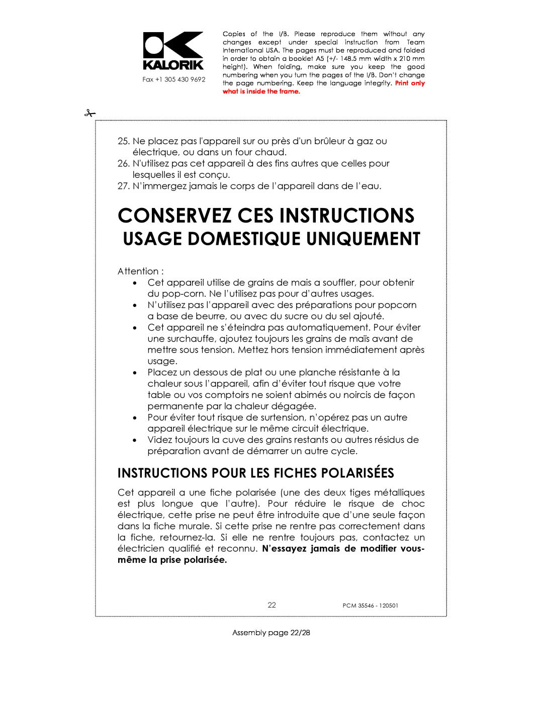 Kalorik PCM 35546 manual Conservez Ces Instructions, Instructions Pour Les Fiches Polarisées, Usage Domestique Uniquement 