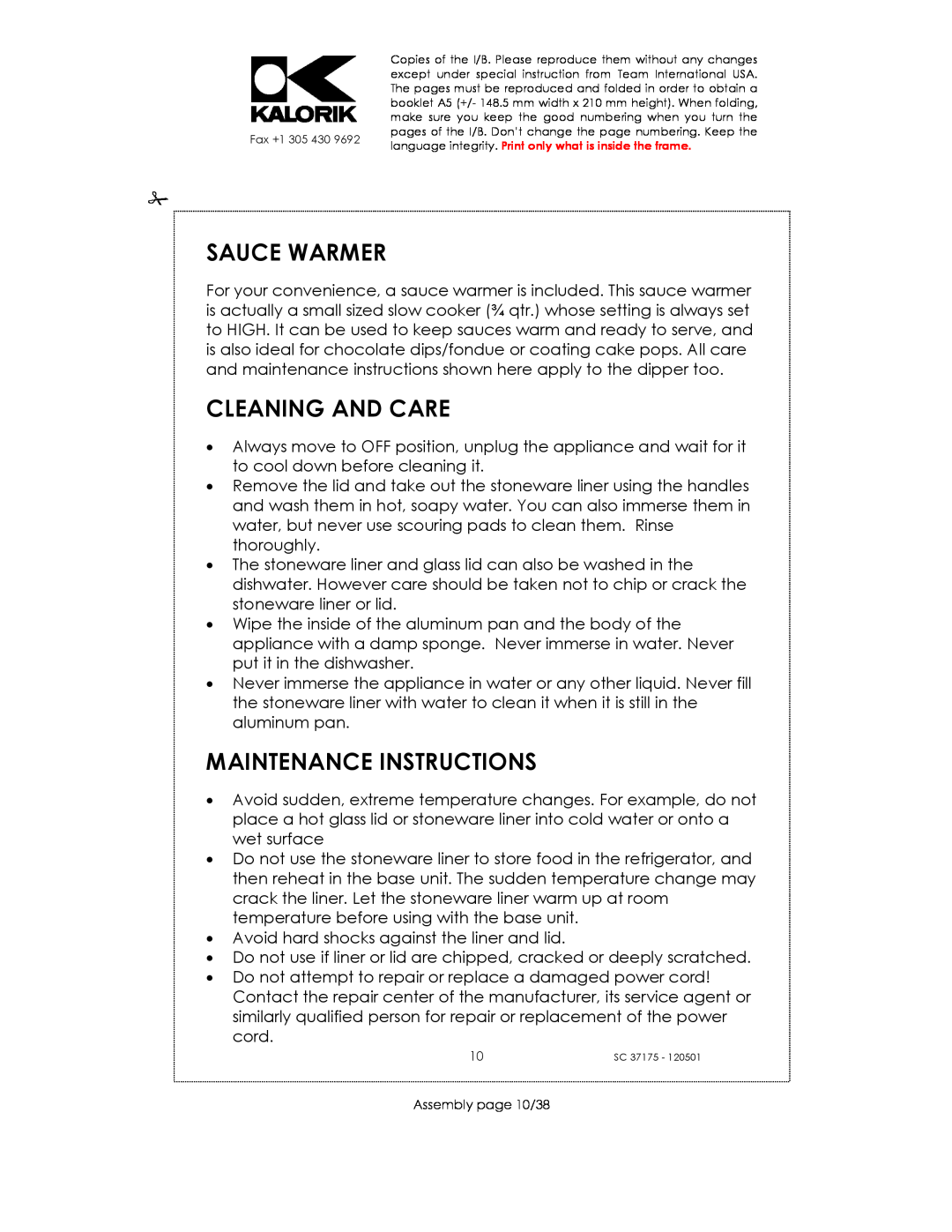 Kalorik SC 37175 manual Sauce Warmer, Cleaning And Care, Maintenance Instructions 