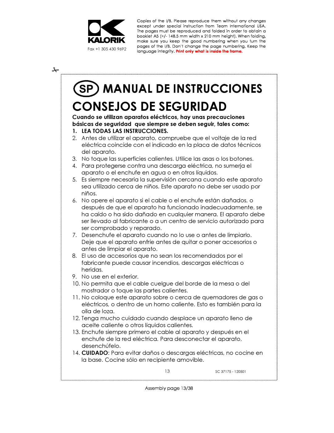 Kalorik SC 37175 manual Consejos De Seguridad, Lea Todas Las Instrucciones 