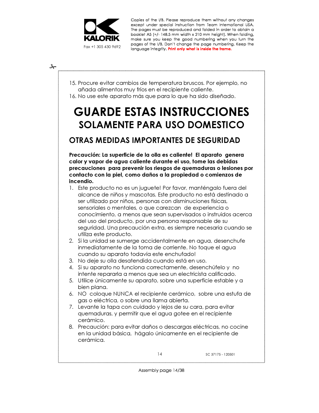 Kalorik SC 37175 manual Guarde Estas Instrucciones, Solamente Para Uso Domestico, Otras Medidas Importantes De Seguridad 