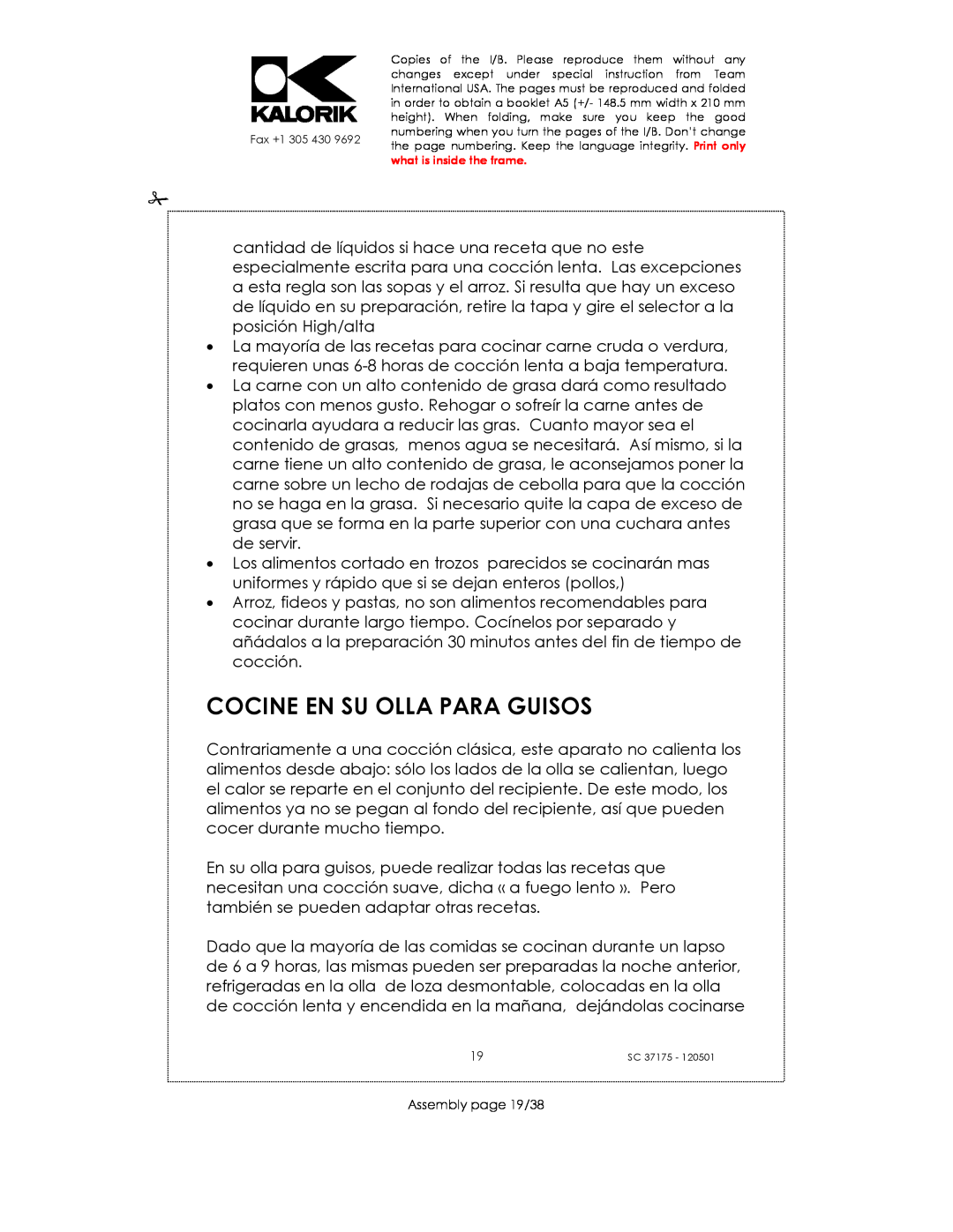 Kalorik SC 37175 manual Cocine En Su Olla Para Guisos, Assembly page 19/38 