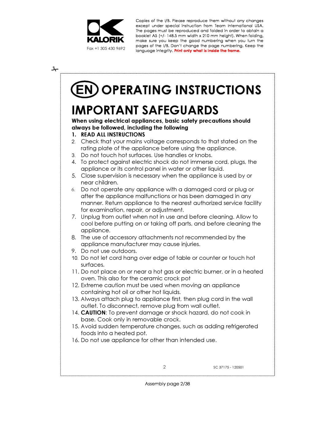 Kalorik SC 37175 manual Important Safeguards, Read All Instructions 