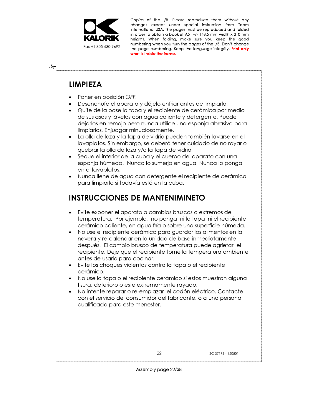 Kalorik SC 37175 manual Limpieza, Instrucciones De Mantenimineto 