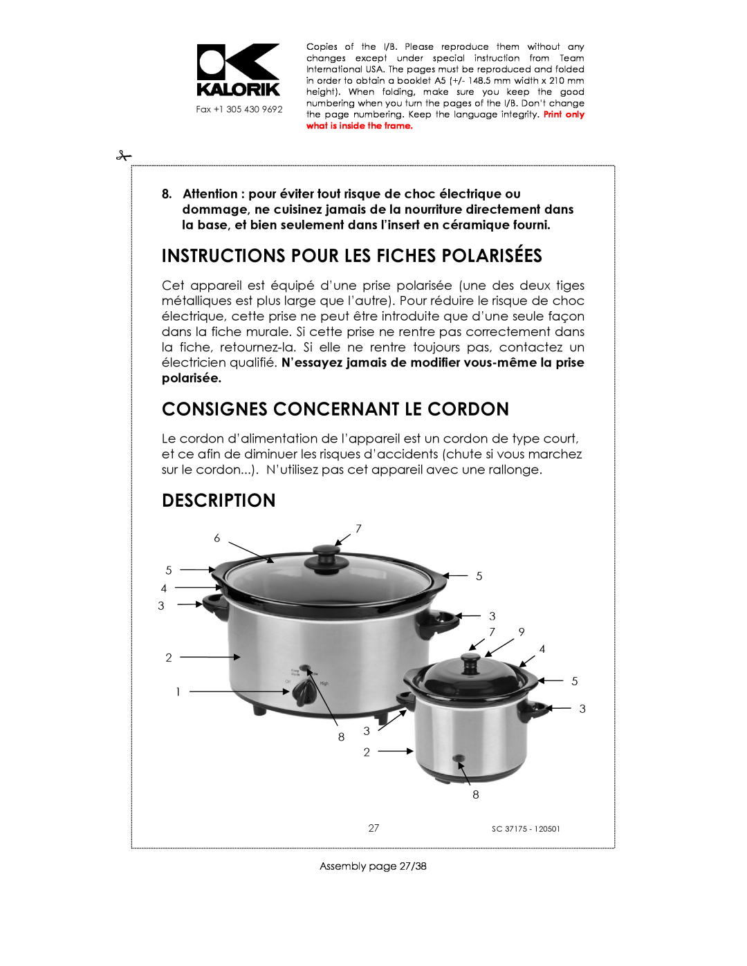 Kalorik SC 37175 Instructions Pour Les Fiches Polarisées, Consignes Concernant Le Cordon, Description, Assembly page 27/38 