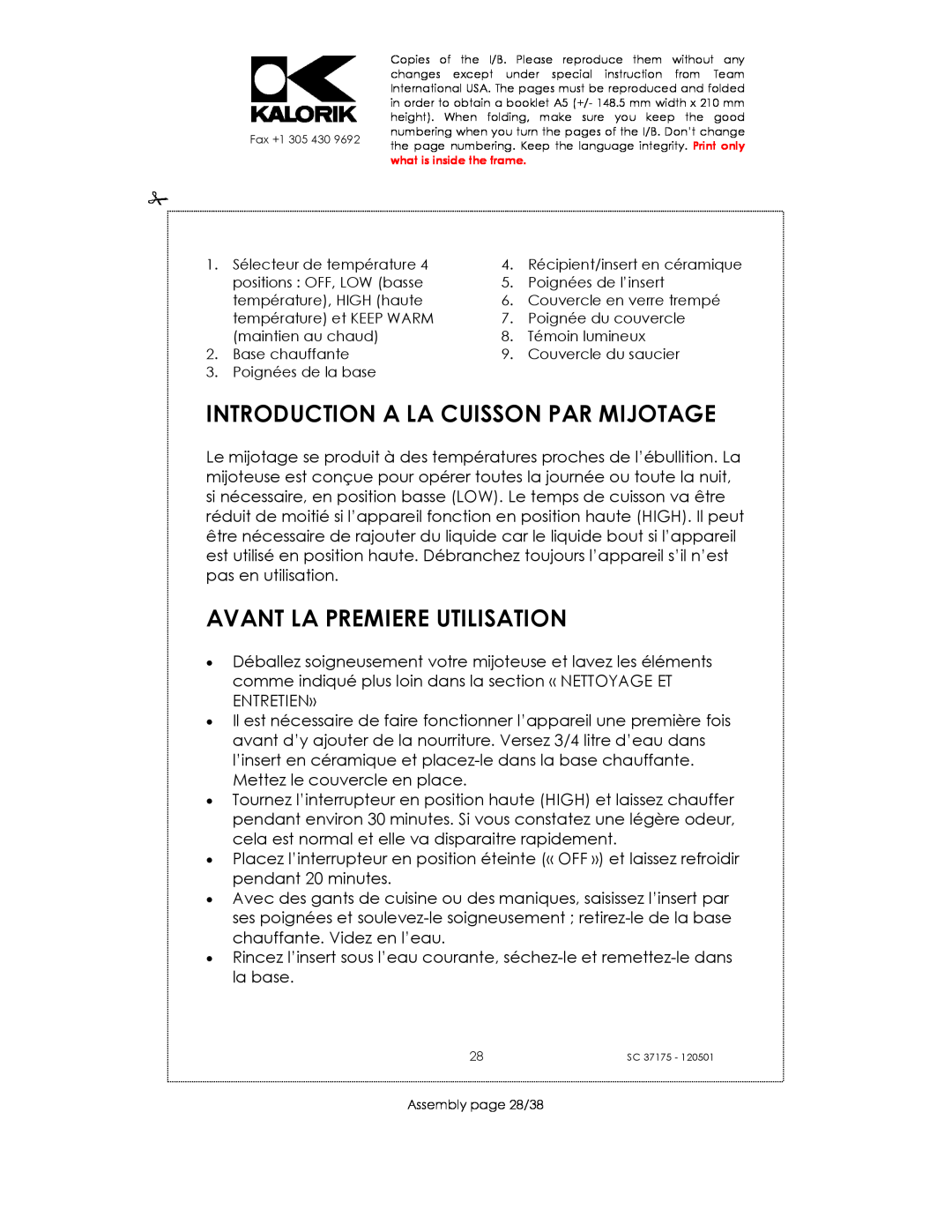 Kalorik SC 37175 manual Introduction A La Cuisson Par Mijotage, Avant La Premiere Utilisation 