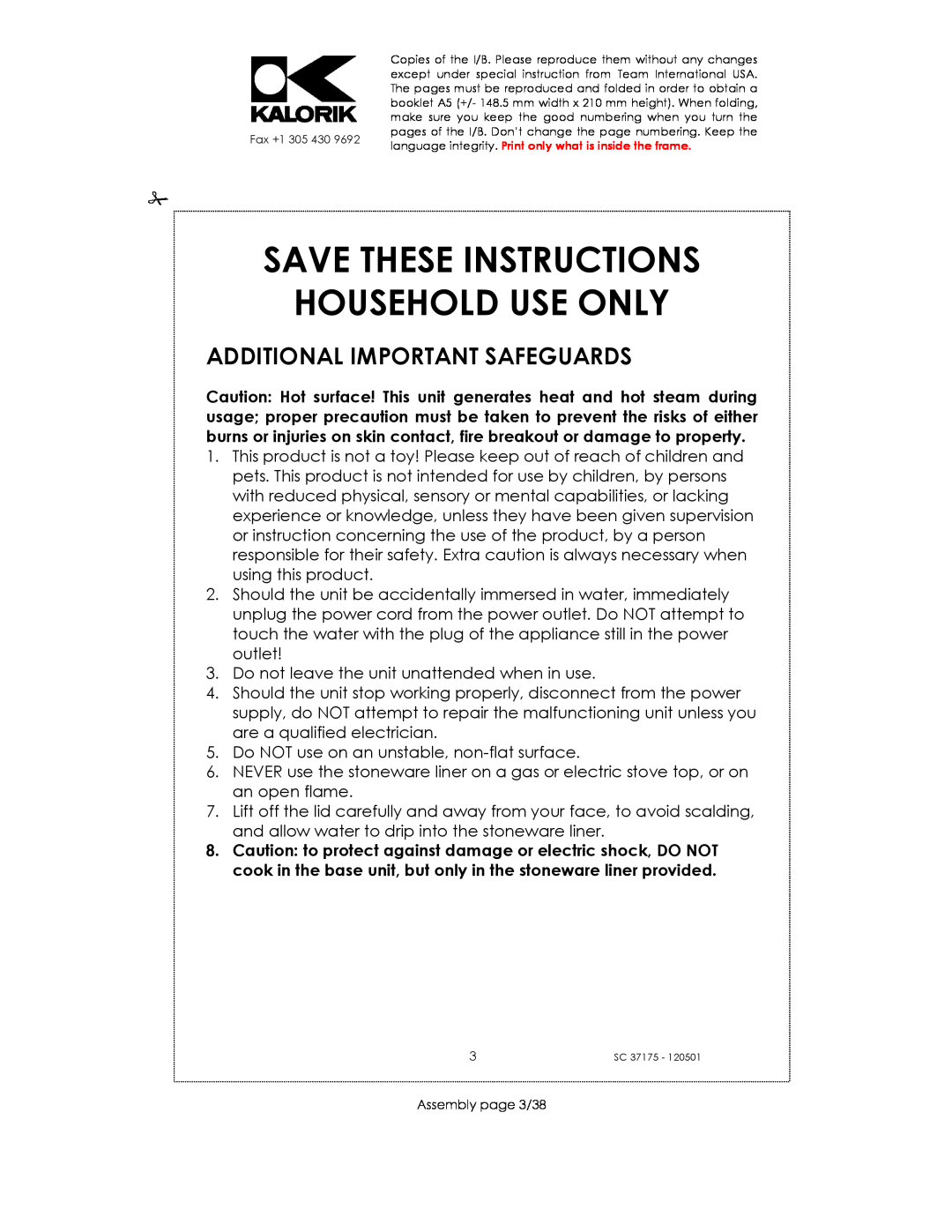 Kalorik SC 37175 manual Save These Instructions Household Use Only, Additional Important Safeguards 