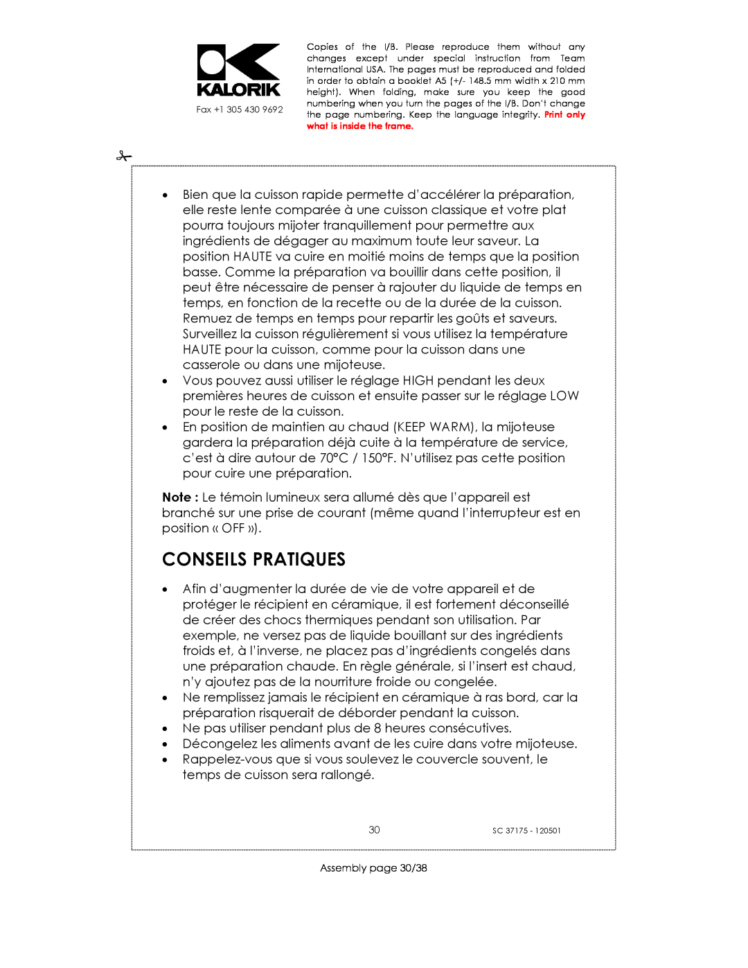 Kalorik SC 37175 manual Conseils Pratiques, Assembly page 30/38 