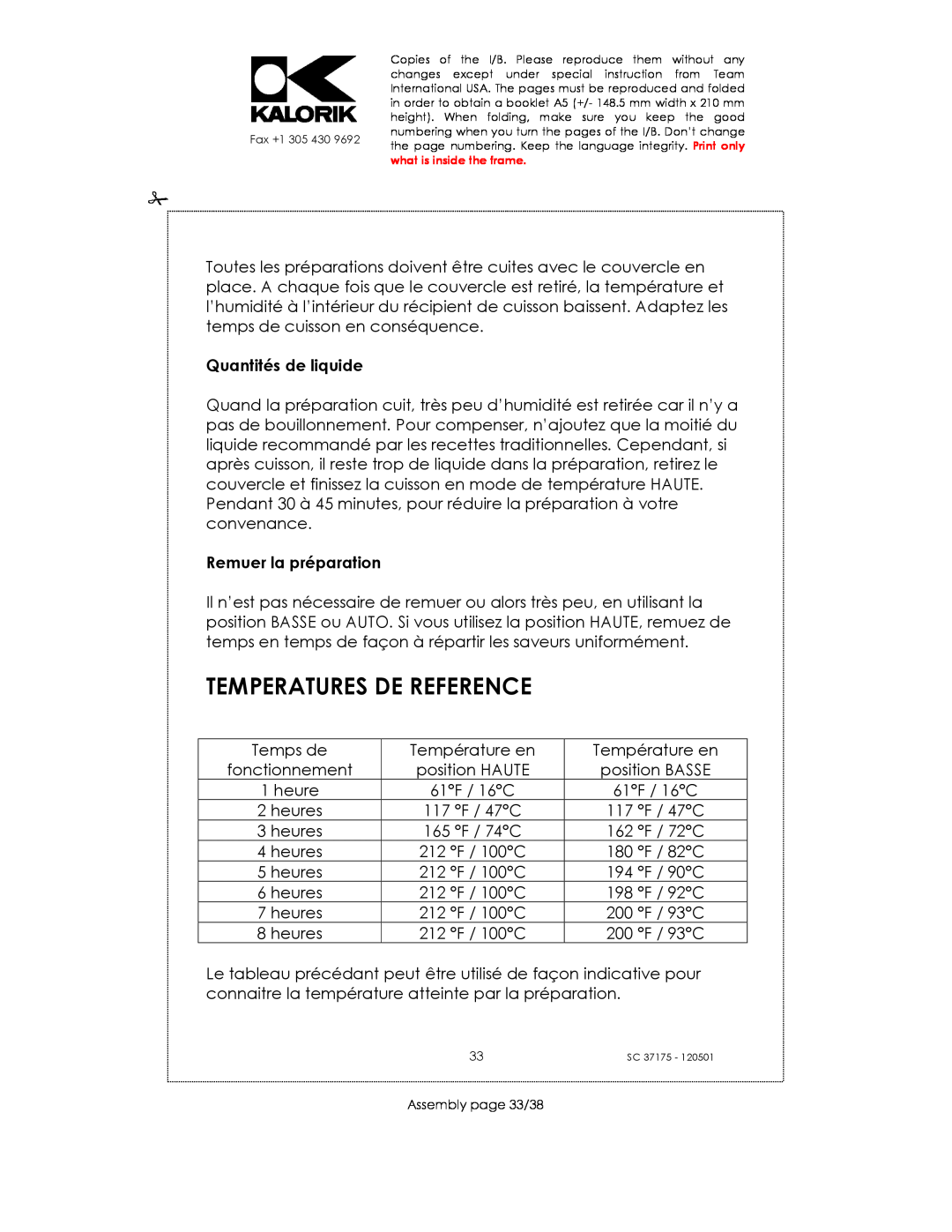 Kalorik SC 37175 manual Temperatures De Reference, Quantités de liquide, Remuer la préparation 