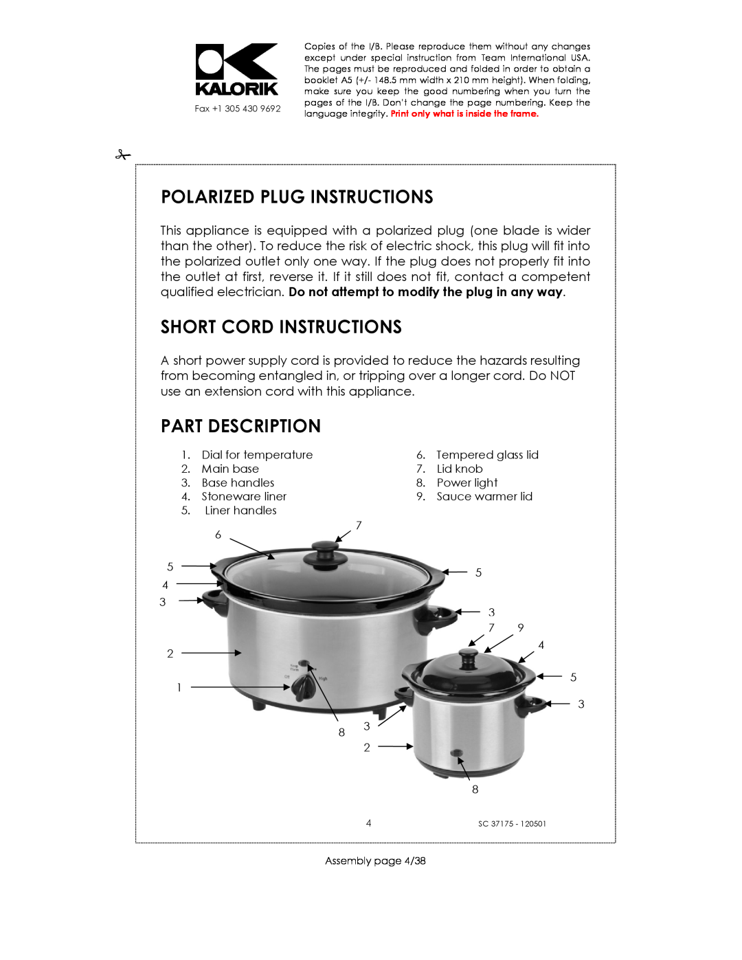 Kalorik SC 37175 manual Polarized Plug Instructions, Short Cord Instructions, Part Description 