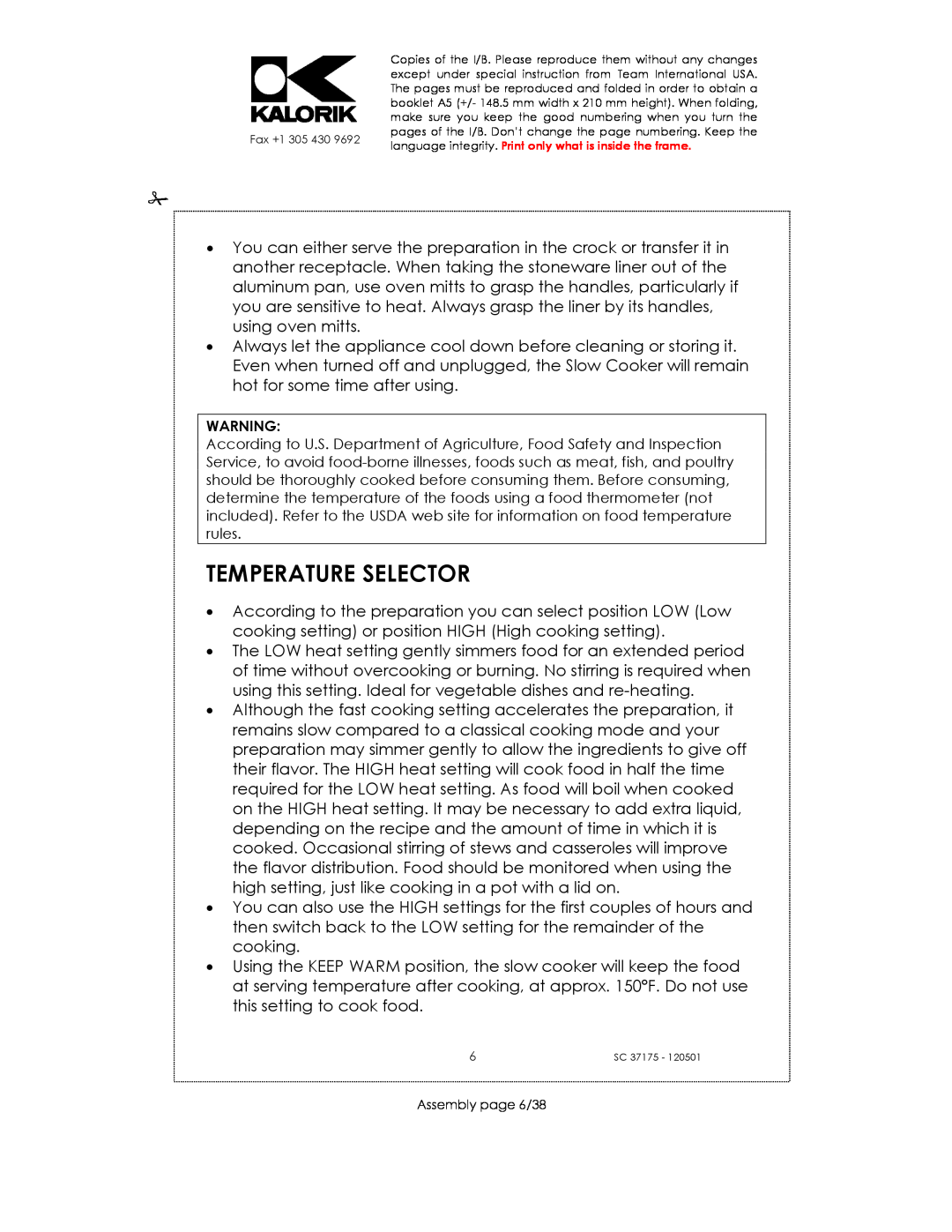 Kalorik SC 37175 manual Temperature Selector, Assembly page 6/38 