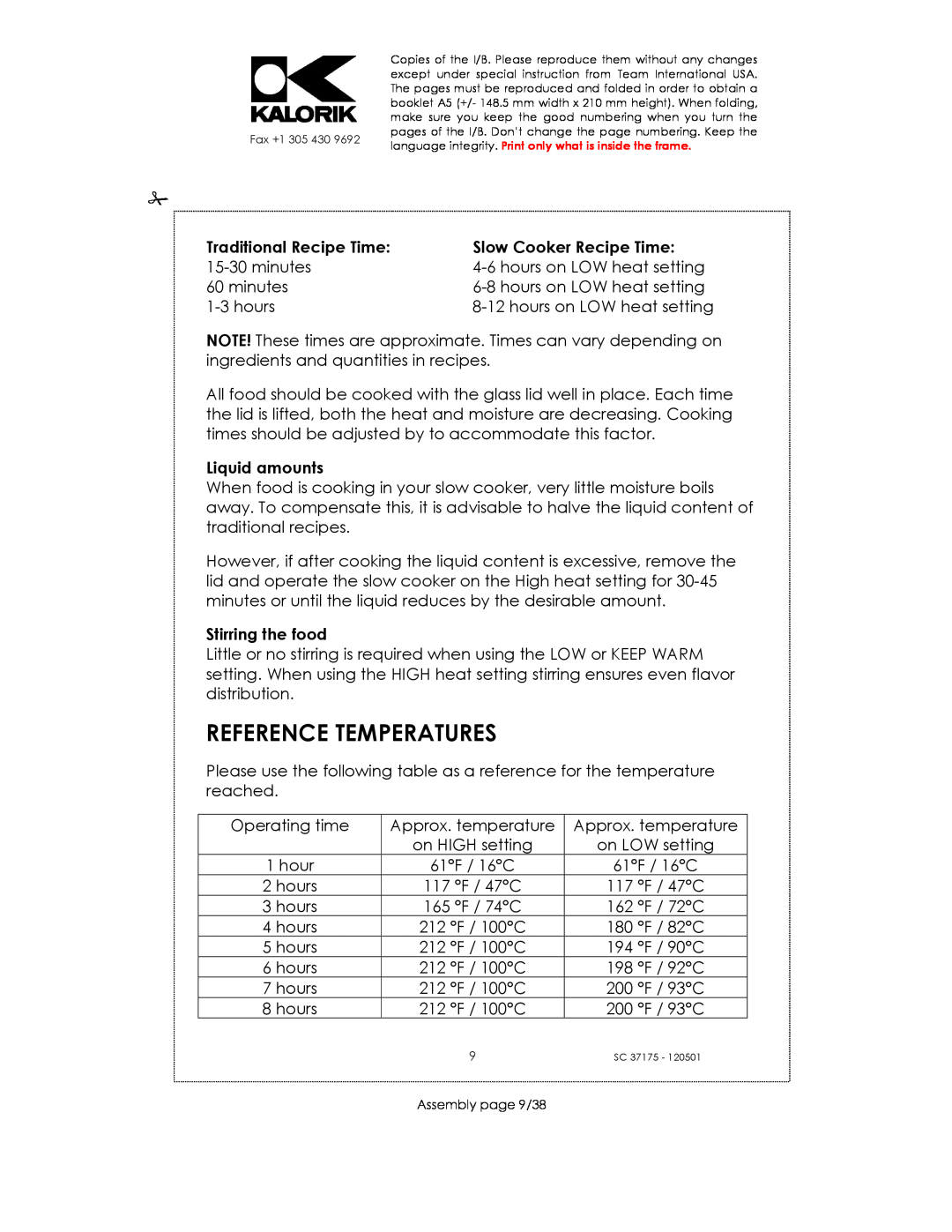 Kalorik SC 37175 manual Reference Temperatures, Traditional Recipe Time, Slow Cooker Recipe Time, Liquid amounts 
