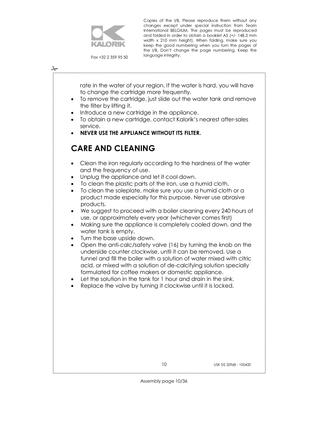 Kalorik SIS 32968 manual Care and Cleaning, Assembly page 10/36 