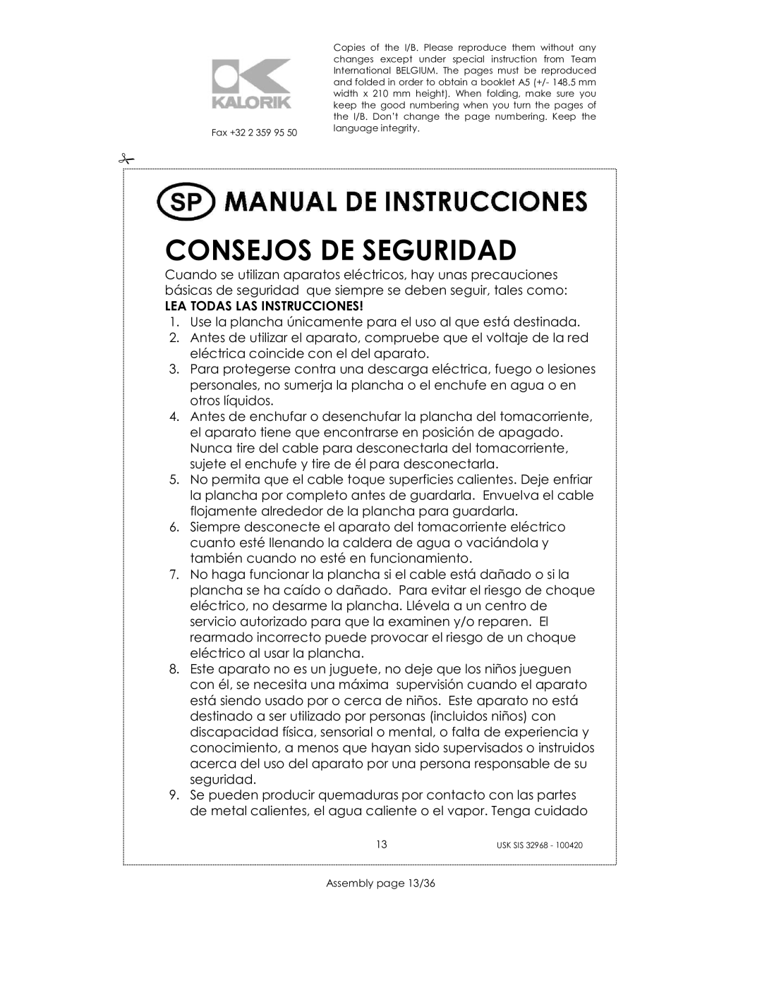 Kalorik SIS 32968 manual Consejos DE Seguridad, Assembly page 13/36 