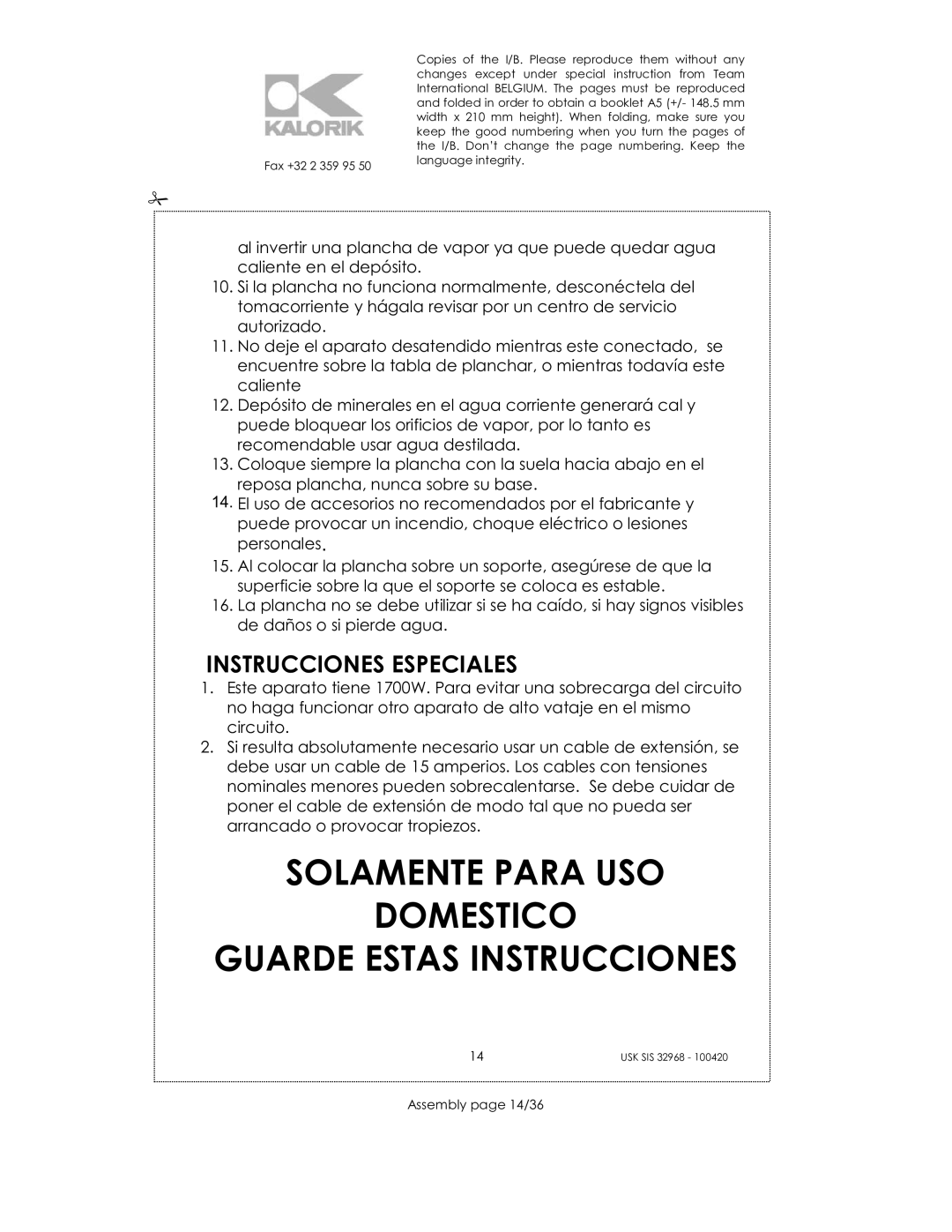 Kalorik SIS 32968 manual Instrucciones Especiales, Assembly page 14/36 