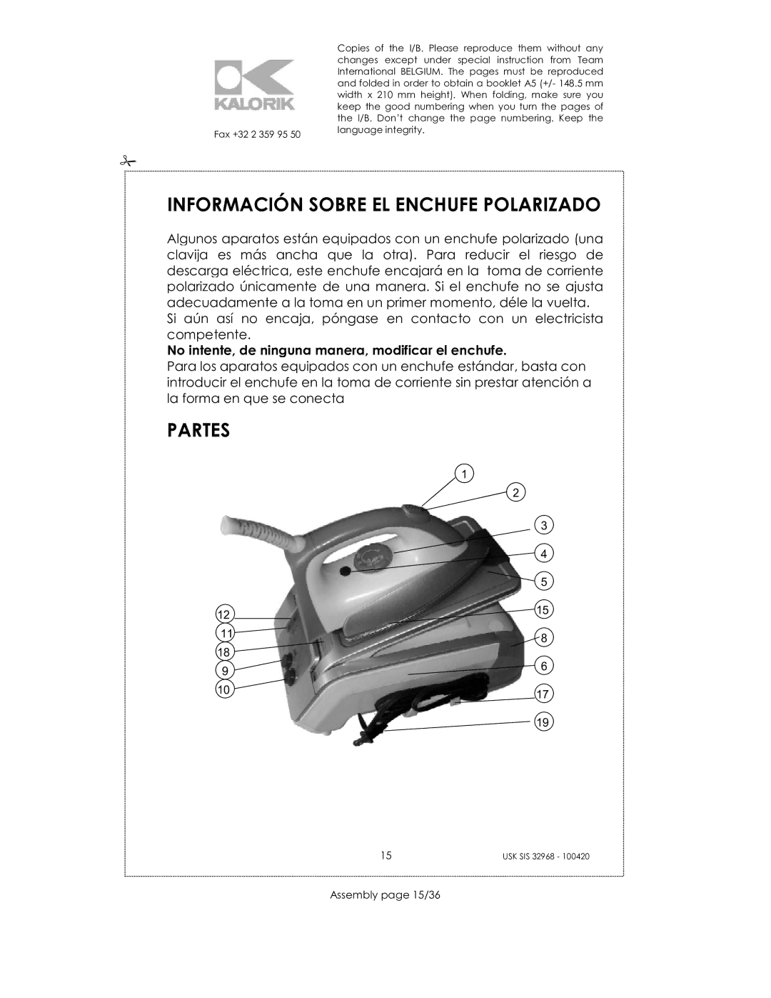 Kalorik SIS 32968 manual Información Sobre EL Enchufe Polarizado, Partes, Assembly page 15/36 