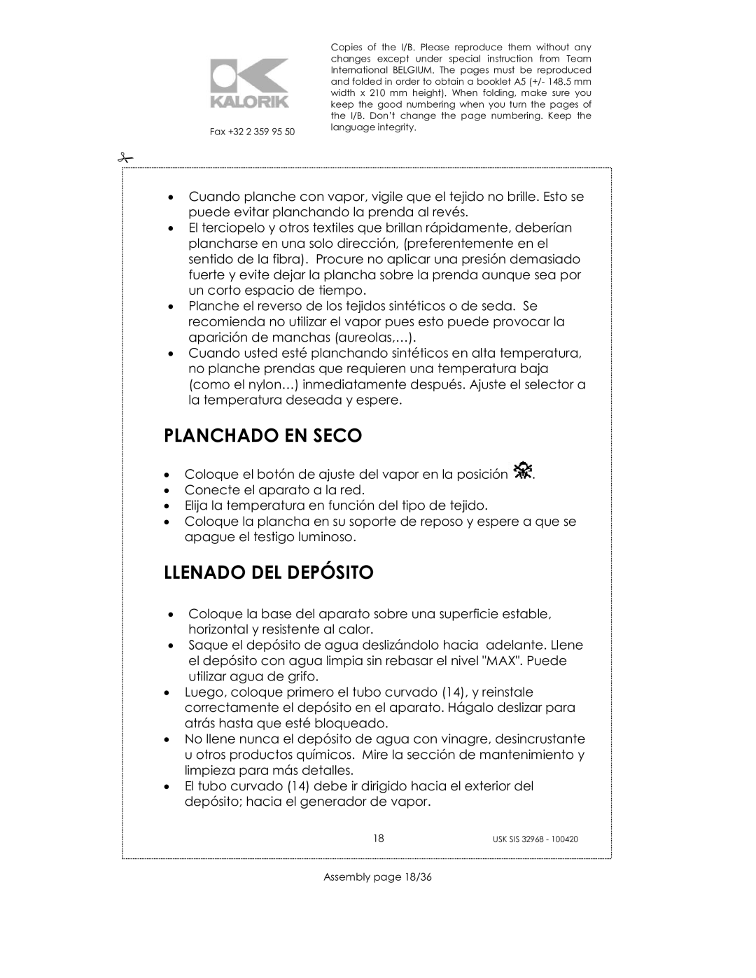 Kalorik SIS 32968 manual Planchado EN Seco, Llenado DEL Depósito, Assembly page 18/36 