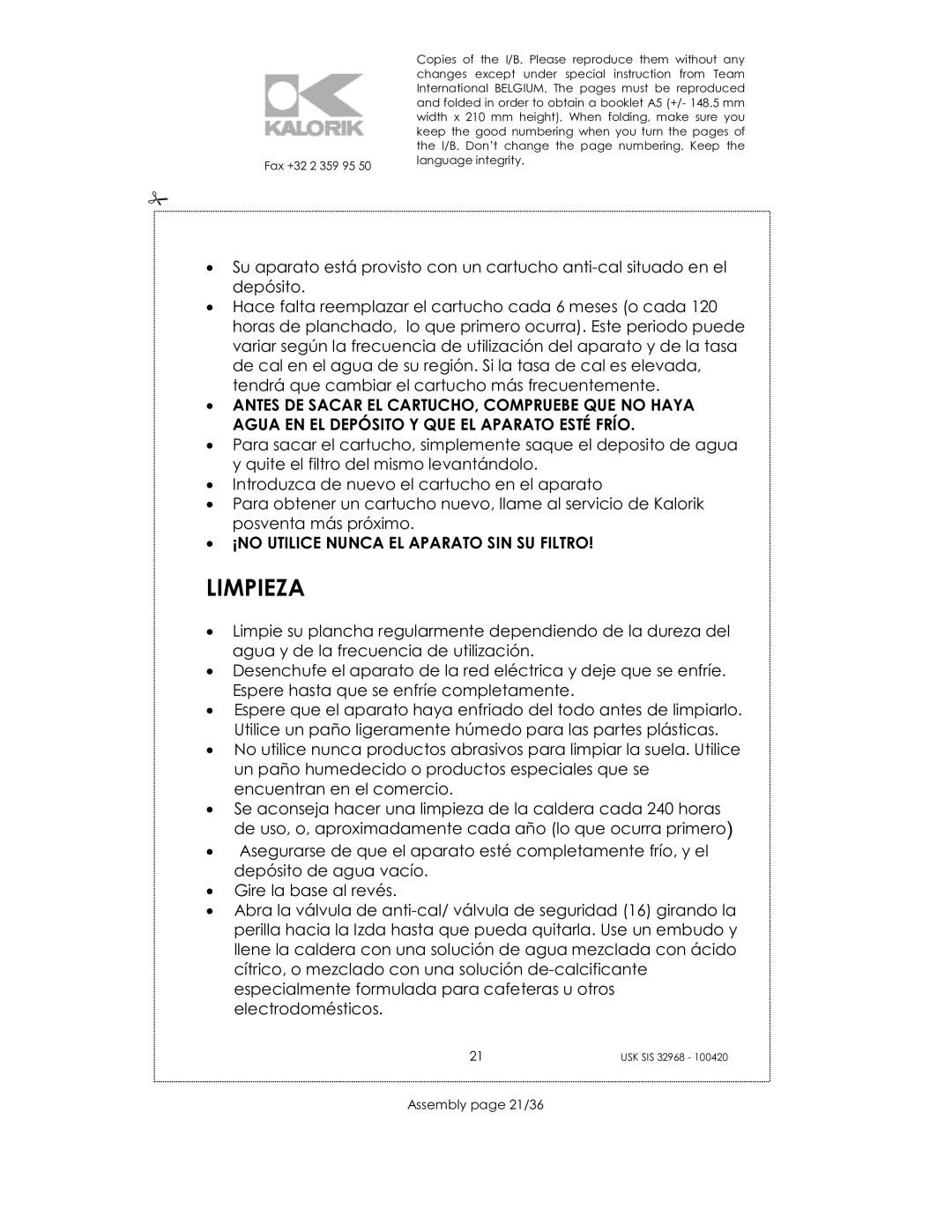 Kalorik SIS 32968 manual Limpieza, Assembly page 21/36 