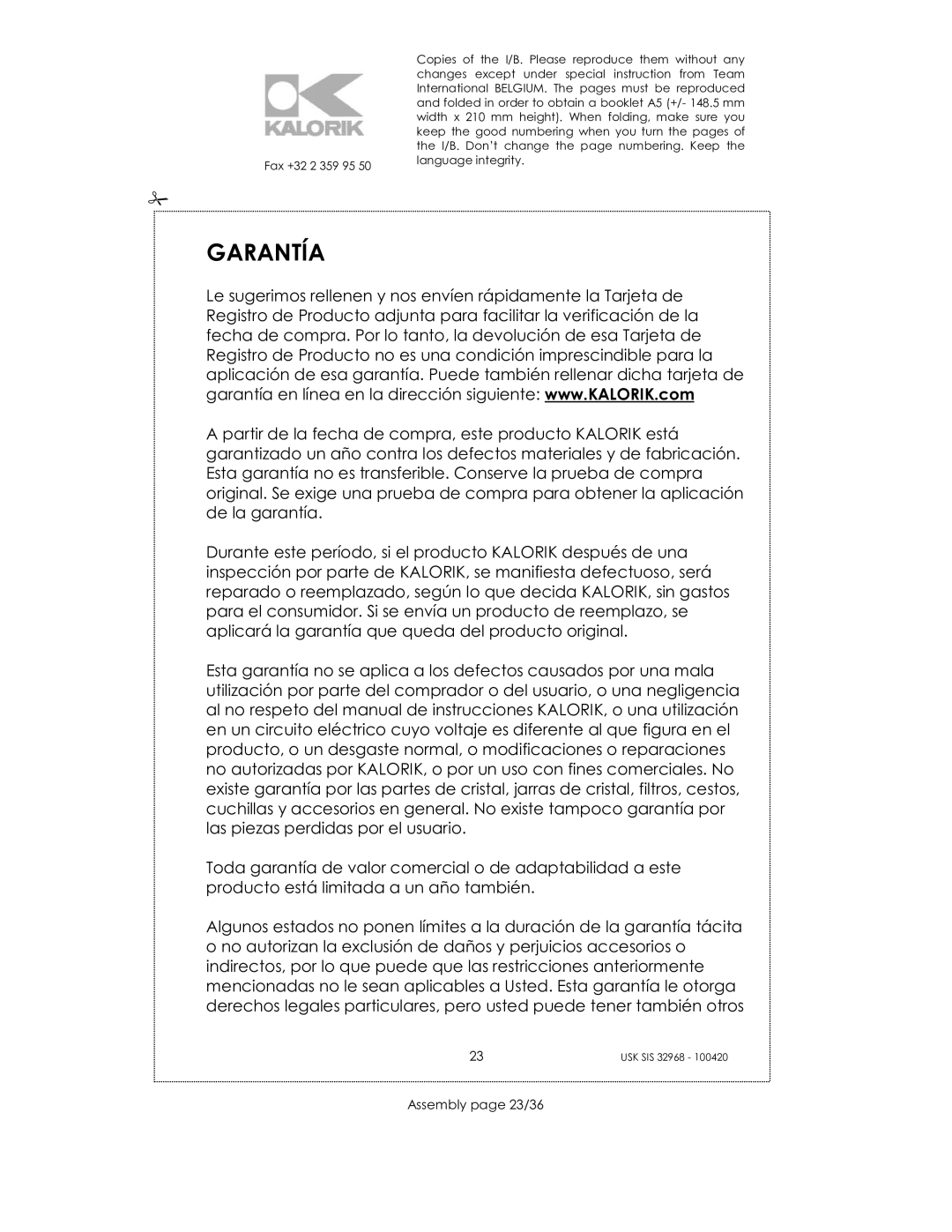 Kalorik SIS 32968 manual Garantía, Assembly page 23/36 