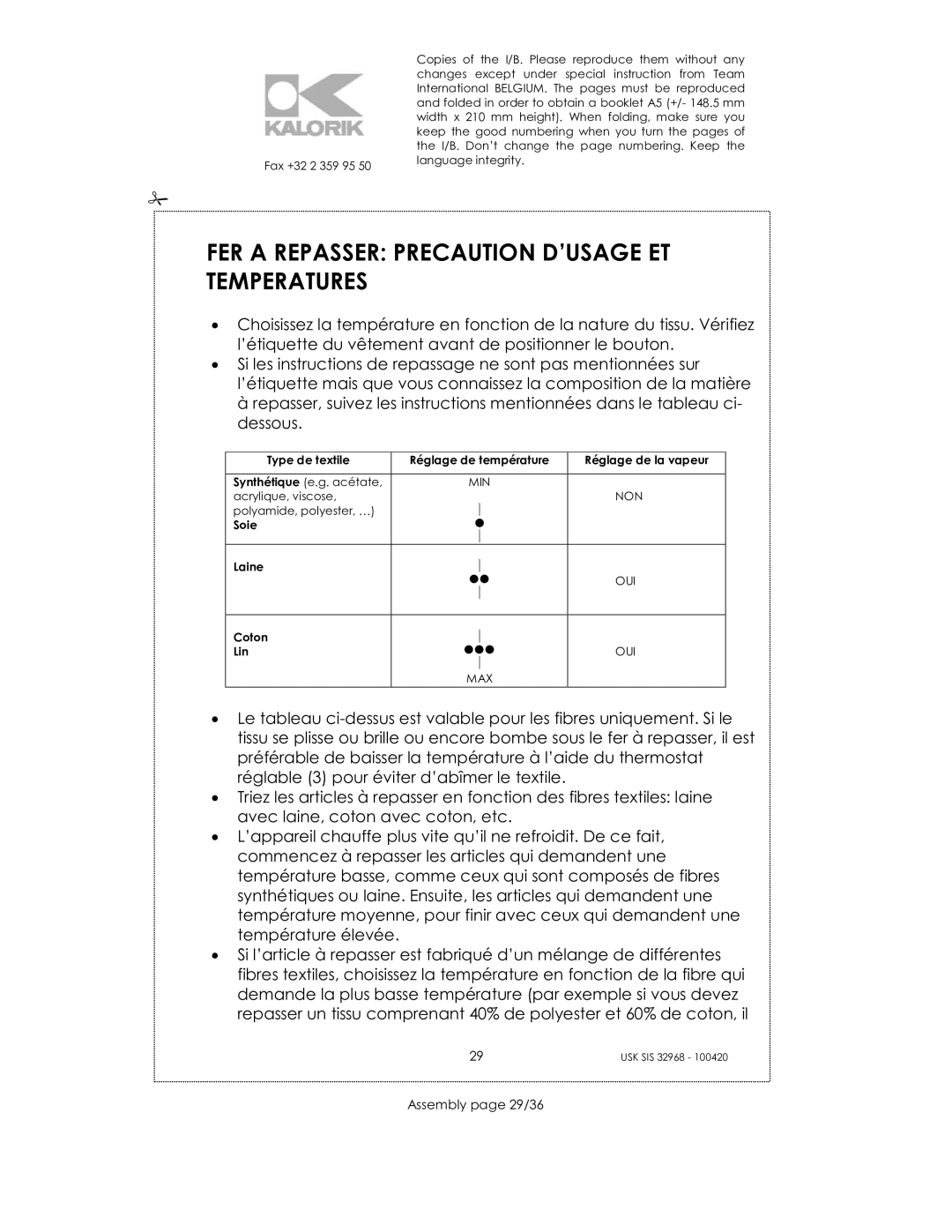 Kalorik SIS 32968 manual FER a Repasser Precaution D’USAGE ET Temperatures, Assembly page 29/36 