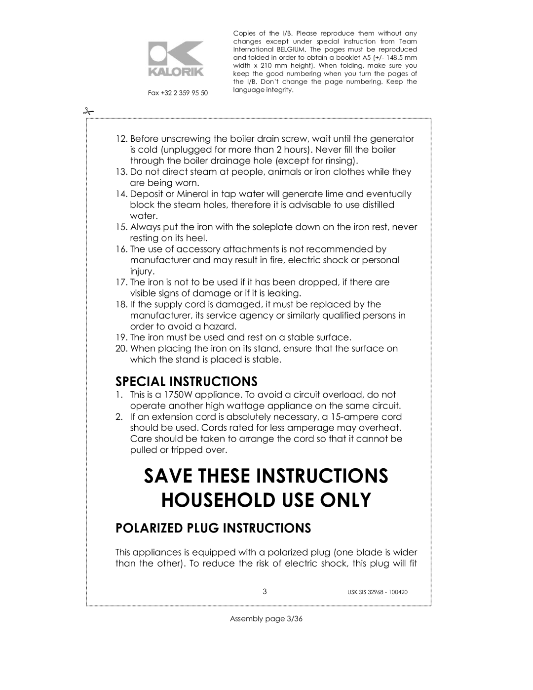 Kalorik SIS 32968 manual Special Instructions, Polarized Plug Instructions, Assembly page 3/36 