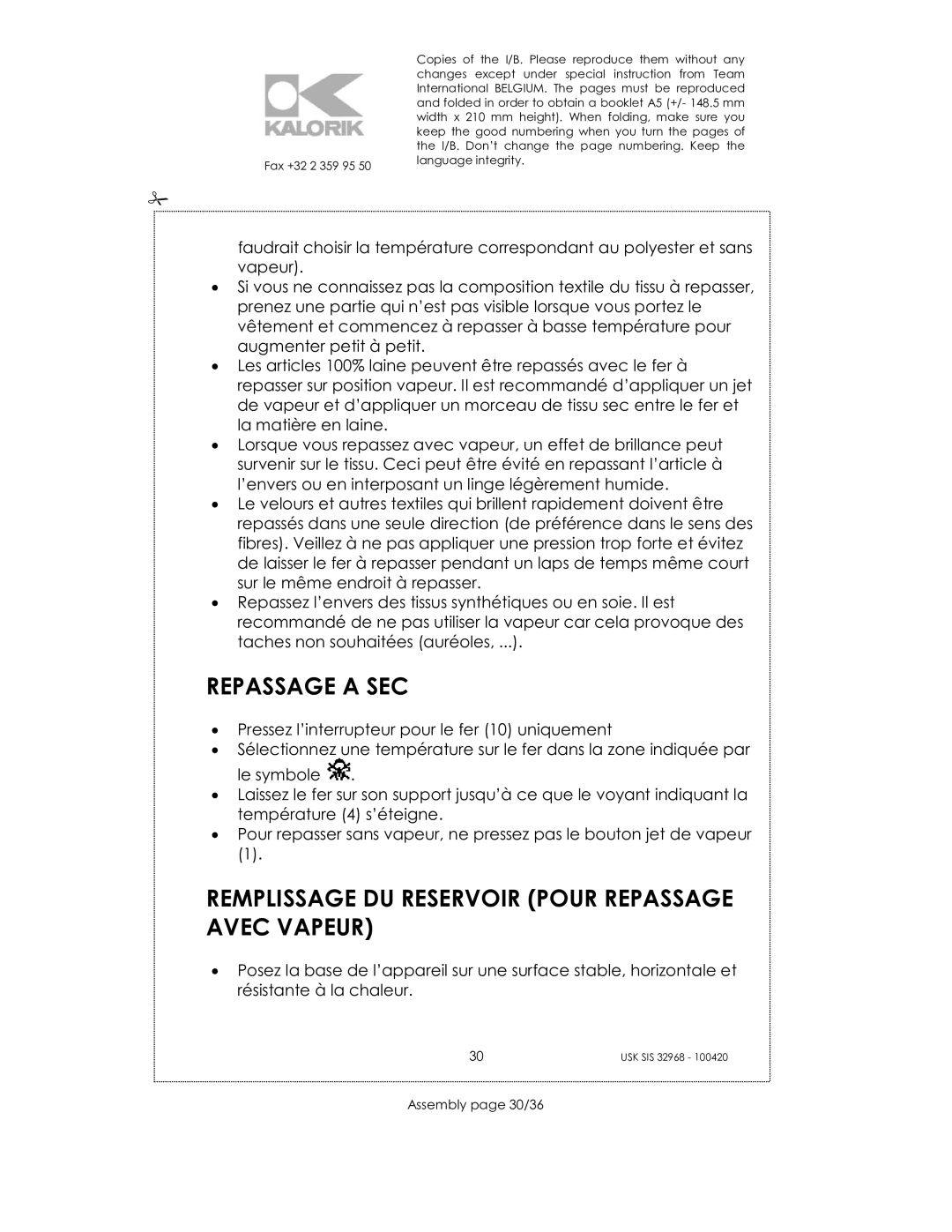 Kalorik SIS 32968 manual Repassage a SEC, Remplissage DU Reservoir Pour Repassage Avec Vapeur, Assembly page 30/36 