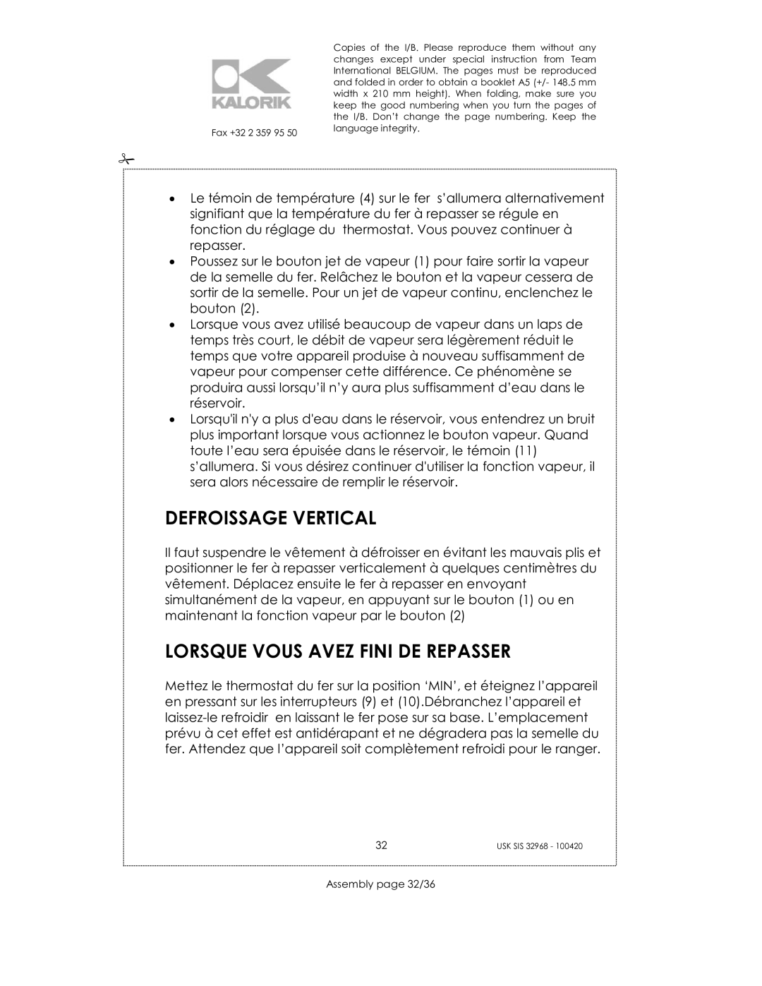 Kalorik SIS 32968 manual Defroissage Vertical, Lorsque Vous Avez Fini DE Repasser, Assembly page 32/36 