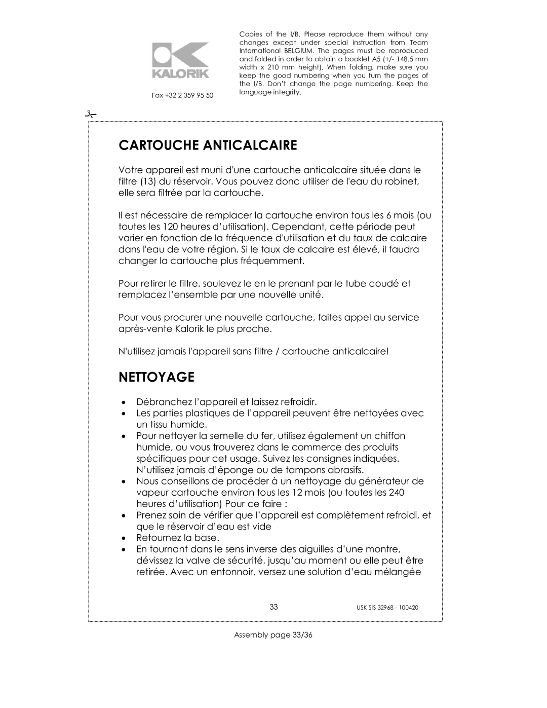 Kalorik SIS 32968 manual Cartouche Anticalcaire, Nettoyage, Assembly page 33/36 